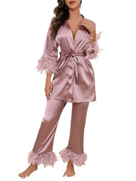 

fuzzy trim belted satin pj set s0wt#, Black;red