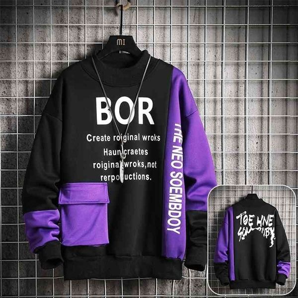 

casual sweatshirt men streetwear hoodies letter printing mens patchwork sweatshirts male oneck pullover tracksuit 210706, Black