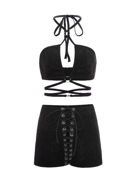 

tie backless crop suede halter & lace up shorts p5oy#, White
