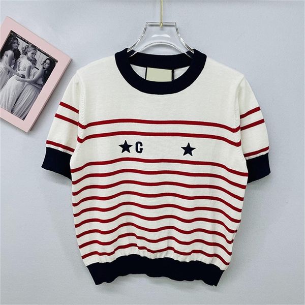 

coat sweaters 2022 summer new striped pentagram embroidered knitted fashion commuter round neck short sleeve women clothes_ojtk, White;black