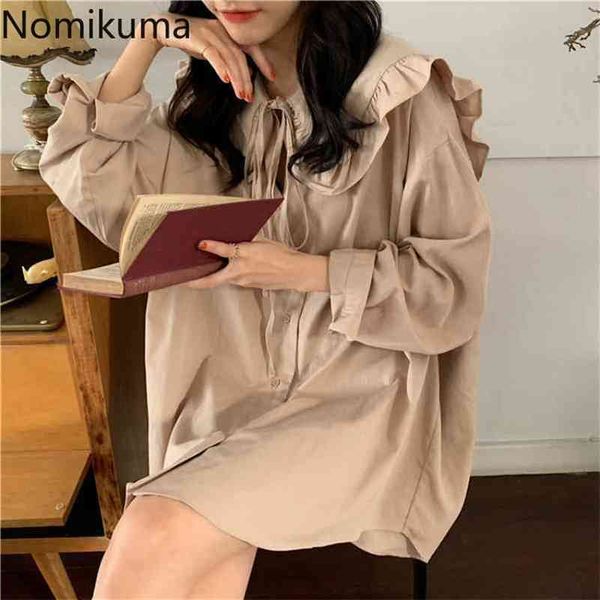 Nomikuma Frühling Kausal Plus Größe Frauen Bluse Koreanische Süße Fliege Peter Pan Kragen Langarm Blusas Shirts 6B937 210401