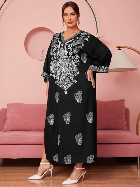 

plus floral & paisley print drop shoulder tunic dress 71js#, Black