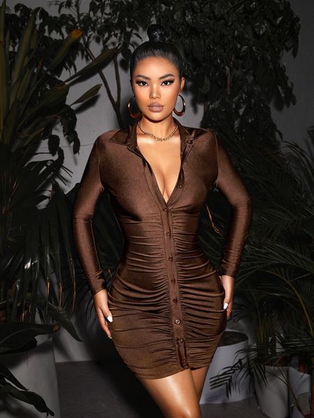 

button front ruched bodycon dress x6tk#, Black;gray
