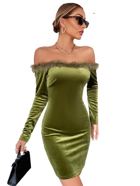 

off shoulder fuzzy trim velvet bodycon dress 88sp#, Black;gray