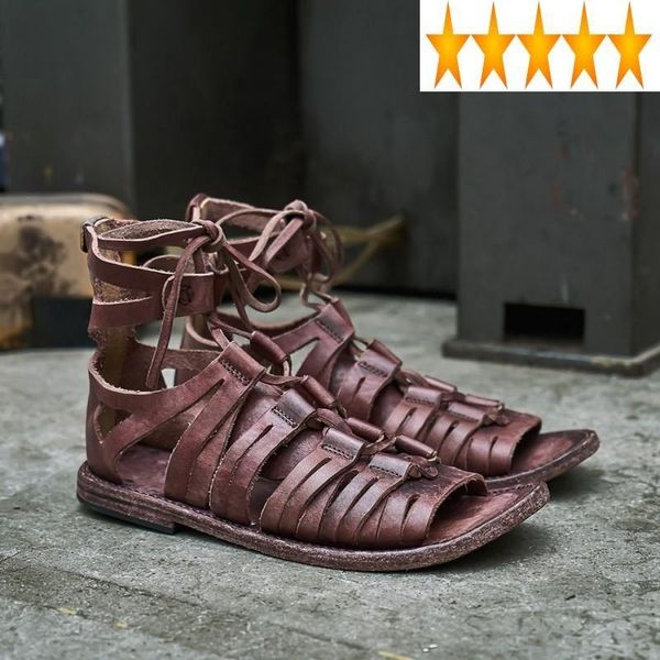 Sandali intrecciati sandali estivi da uomo fatti a mano di marca vintage in vera pelle scarpe da spiaggia piatte alte scavate con lacci gladiatore