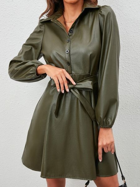 

puff sleeve belted pu leather shirt dress g67s#, Black;gray