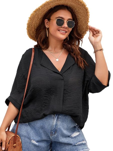

plus solid batwing sleeve blouse 68ce#, Black