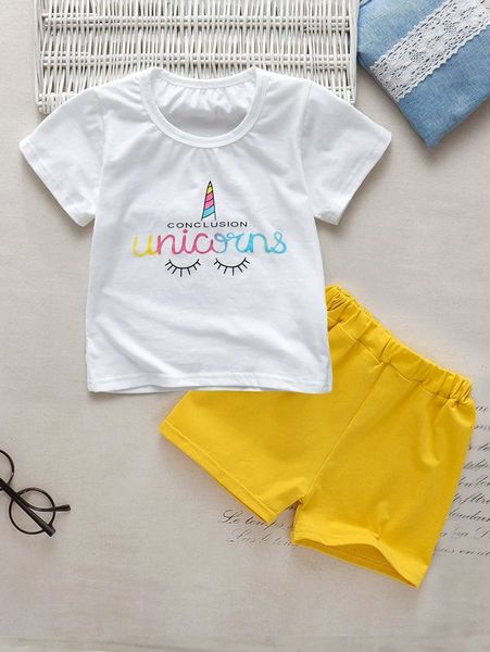 

toddler girls cartoon graphic tee & shorts she02, White