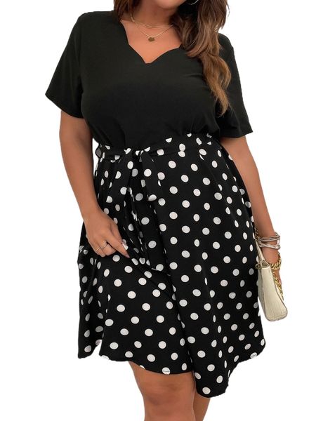 

plus polka dot belted dress 55oq#, Black