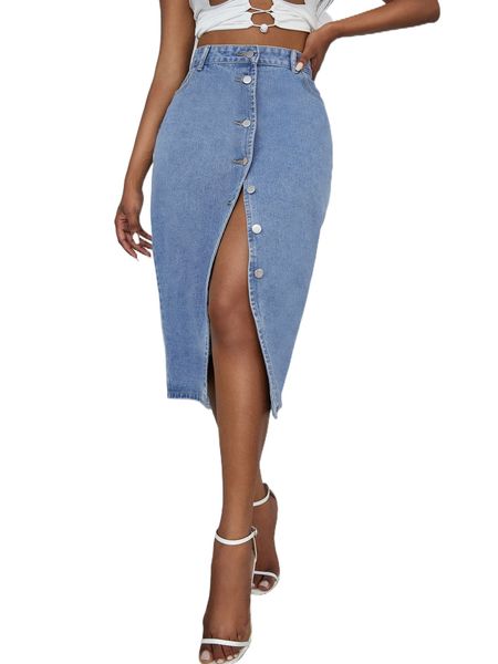 

buttoned front split hem denim skirt t1ii#, Black