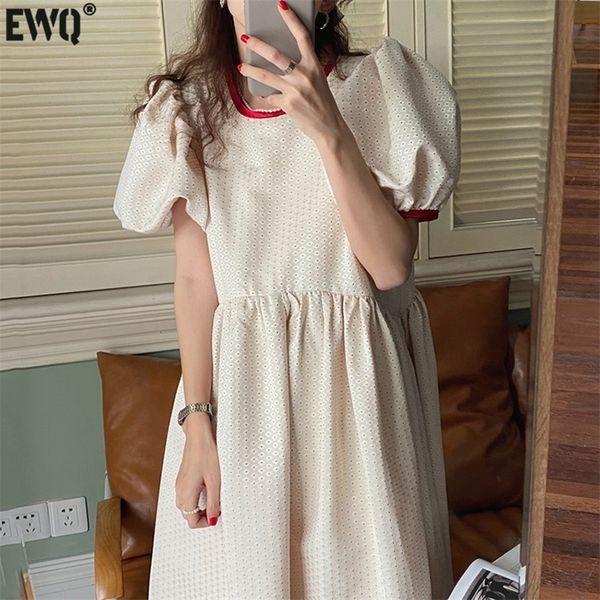 

[ewq] korea chic summer round neck robe contrast color lace bow polka dot puff sleeve women office midi dress 16w1474 220516, Black;gray