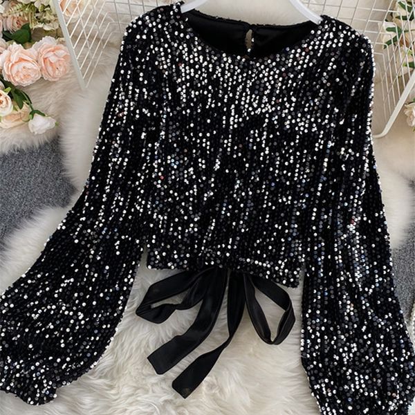 Womenspring Ottumn Bluz Tüm Maç Sequins O-Boyun Gömlek Uzun kollu Açık Geri Dantel-up Yay Kısa Üstleri Kadın Blusa GX1082 220407