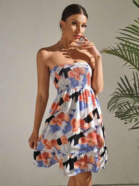 

floral print shirred tube dress h2k9#, Black;gray