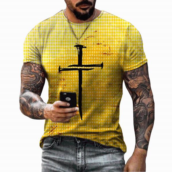 Camisetas masculinas Páscoa Jesus Cruz 3D Impressão de verão Moda retro Retro Rout Harajuku T-shirt Men's Casual Demoy Casual Wear