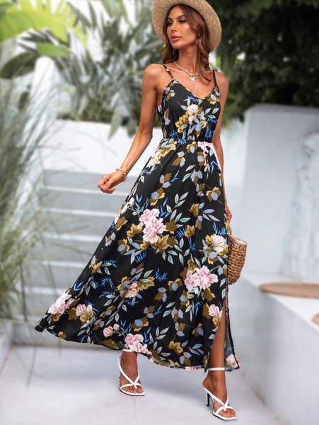 

random floral print split thigh cami dress c9v3#, Black;gray