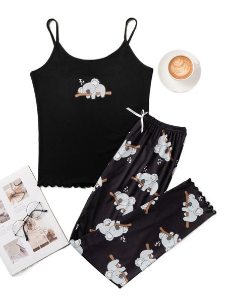 

cartoon graphic lettuce trim pj set n7yr#, Black;red