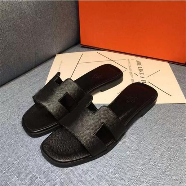 

luxury designer leather ladies sandals summer flat shoes home shoes fashion beach women slippers h letter drag 35-42, Blue;gray
