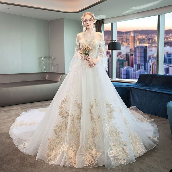 

elegant wedding dresse a-line strapless long sleeve gold applique sweep train organza lace custom made pearl vestidos de novia real picture, White