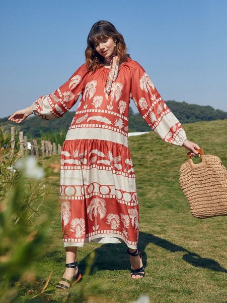 

geo & tropical print lantern sleeve dress l8hd#, Black;gray