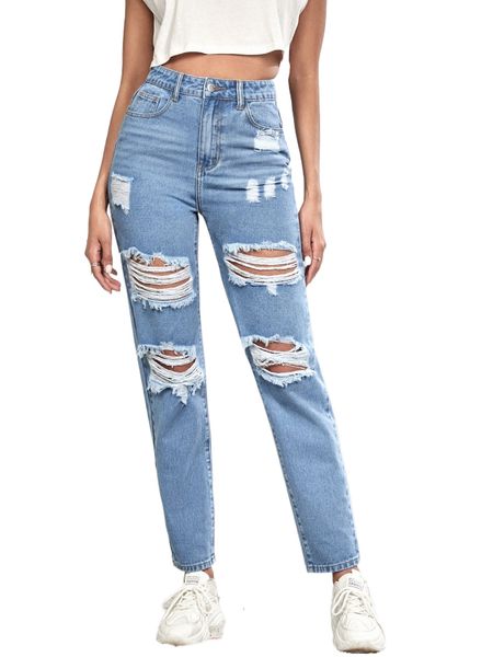 

tall high waist ripped frayed mom jeans 31sq#, Blue