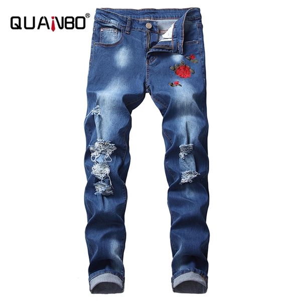 

quanbo 8 colors mens ripped jeans fashion embroidery rose men jeans light blue slim fit stretch denim pencil pants 42 201128