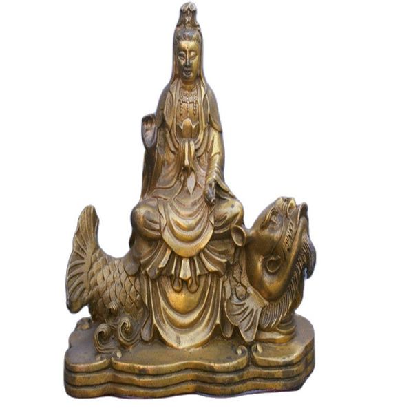 

china brass statue guanyin fish driving fengshui copper statue, Black