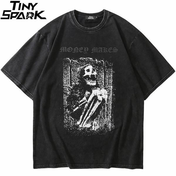 

hip hop washed oversize t shirt men streetwear skull print tshirt harajuku cotton loose tshirt summer short sleeve shirt 220608, White;black