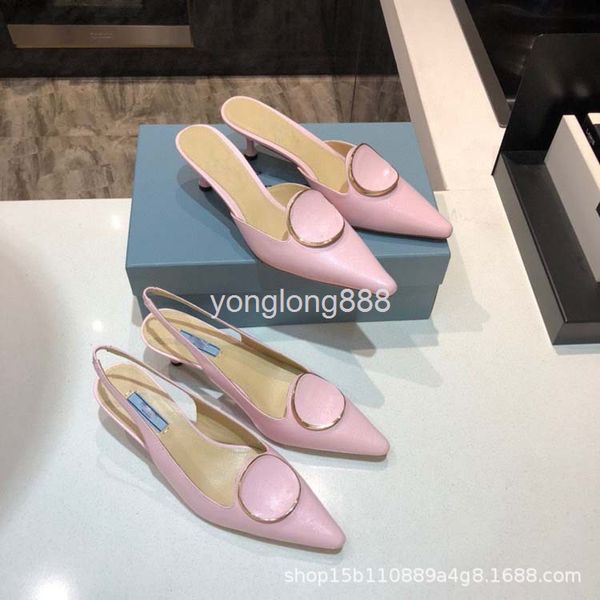 

dress shoes metal round buckle pointed cross pattern cowhide kitten heel middle heel sandals back trip strap stilettos, Black