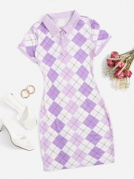 

argyle pattern polo dress r3ip#, Black;gray