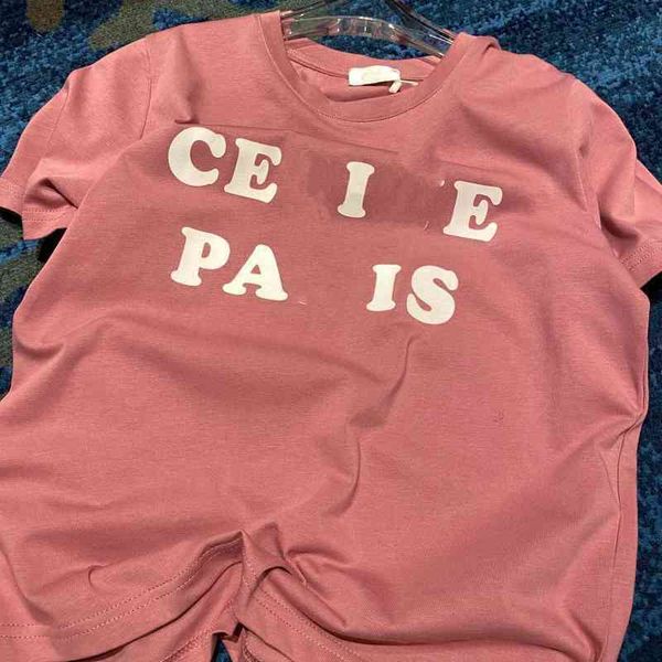 

75% off factory direct online 22 early spring new cel rose grey powder paris flocking letter printing simple pullover short sleeve t-shirt w, White