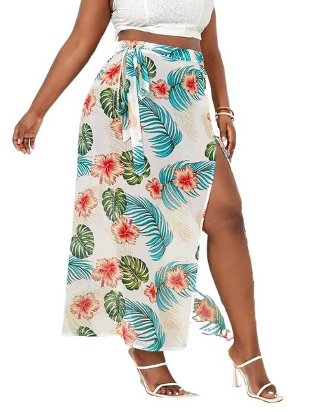 

sxy plus allover tropical print split thigh knot skirt m1nq#, Black