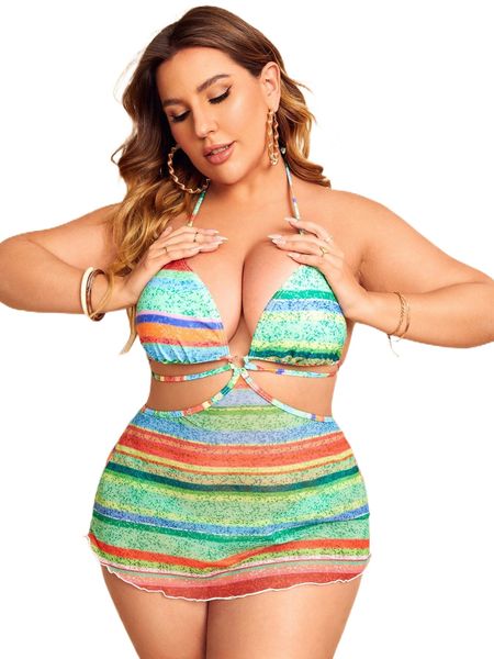 

plus striped ring linked halter bikini set a1sj#, White;black