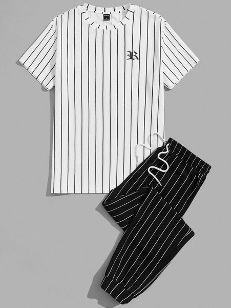 

men striped print tee & drawstring waist pants k9oj#, Gray