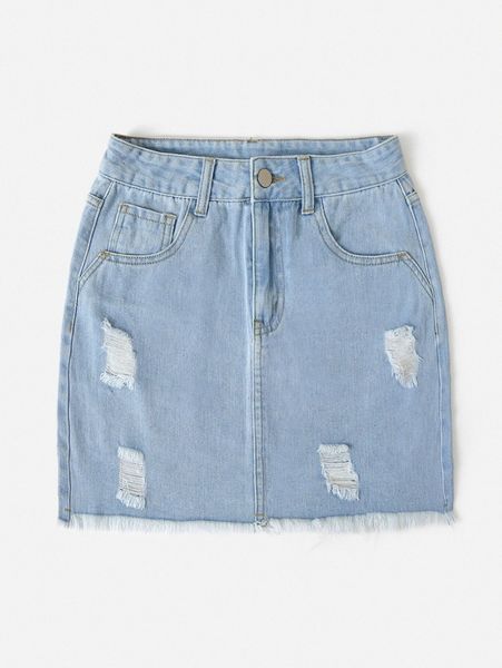 

ripped raw hem denim skirt a6z4#, Black