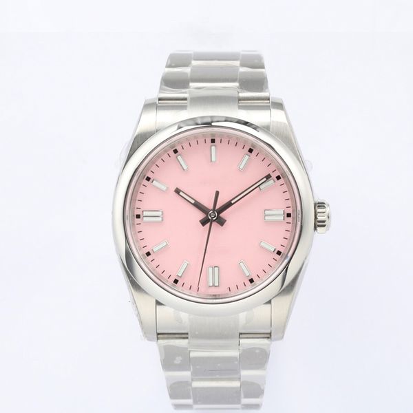 

sw men's watch oyster type constant movement dial candy pink 36mm scratch proof blue crystal 904l stainless steel automatic mechanical, Slivery;brown