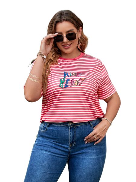 

plus letter & striped print tee z98r#, Black