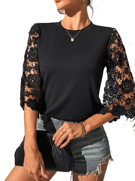 

contrast guipure lace tee q2ko#, White