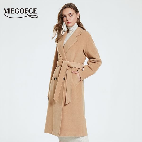 

women's wool blends miegofce spring autumn long elegant coats fashionable warm wool blend overcoat women belted waist slim female jacke, Black
