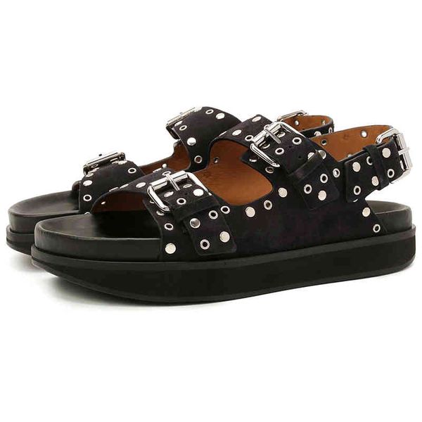 

sandals women's casual metal buckle platform lolita shoes thick-soled rivet cowhide open-toe beach vacation flat slippers llzt, Black