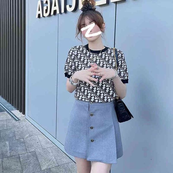 

women's t-shirt nanyou women's knitting summer classic round neck full piece printed jacquard minority short sleeved shirt, White
