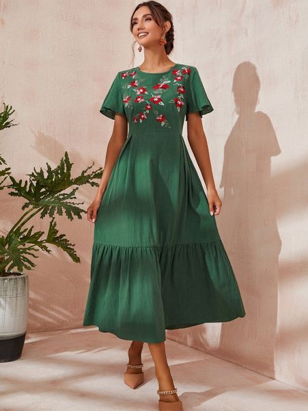 

floral embroidery butterfly sleeve ruffle hem dress 23tx#, Black;gray