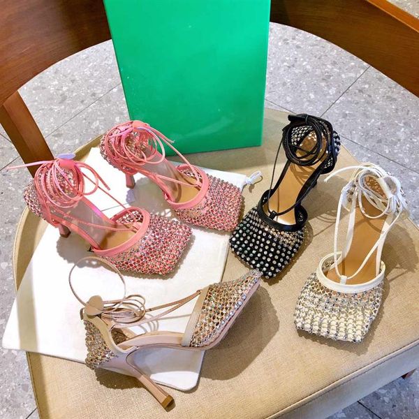 

women high heel sparkle stretch sandals slippers fashion leather rhinestone mesh sandal slides r ladies office party we287g, Black