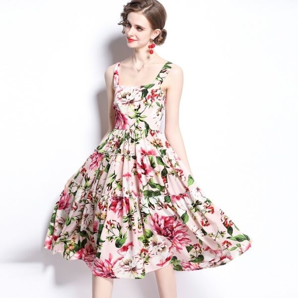 

summer spaghetti strap sweet floral dress women casual slim beach party midi dresses vestidos 210526, Black;gray