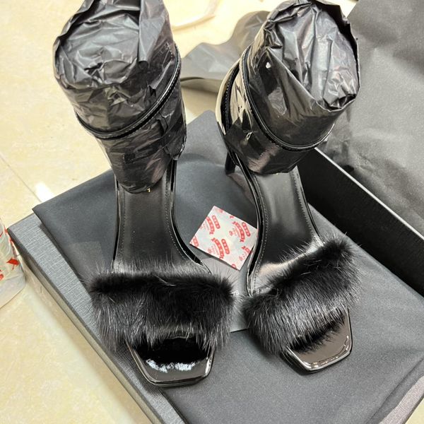 

2022 spring summer new sandals genuine leather high heels shoes brand design mink hair stiletto heel party dress shoes, Black