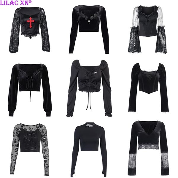 Goth BodyCon Crop Cross Top Женские футболки эстетические сексуальные V-образные вырезы с длинным рукавом Corset Y2K Harajuku старинные корейские моды вершины 220321