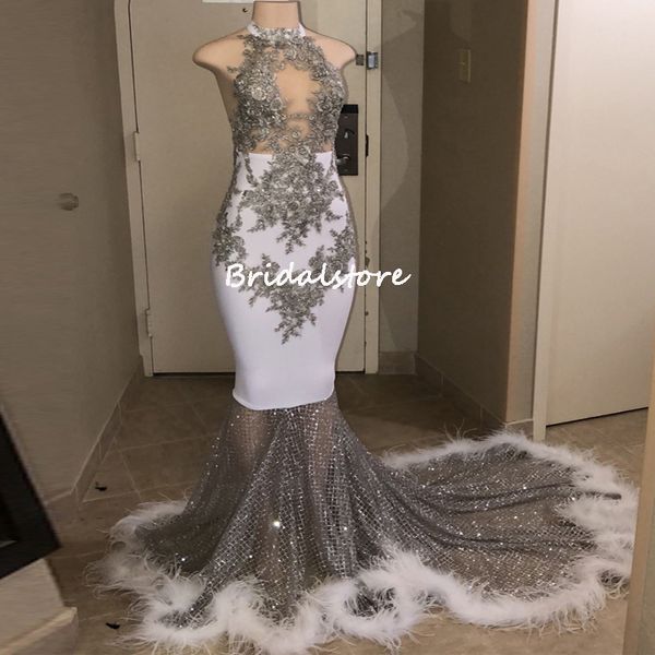 

sparkly sequin mermaid evening dress 2022 white halter see through neck black girls prom dresses with feather lace beaded party african nige, Black;red