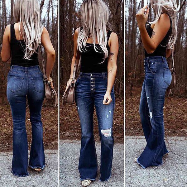 

women's pants & capris autumn and winter women's fashion hole high waist elastic leisure slim fit flared pants jeans trend a9d6, Black;white