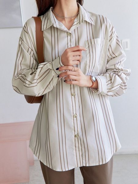 

dazy vertical striped button through drop shoulder blouse l9wr#, White