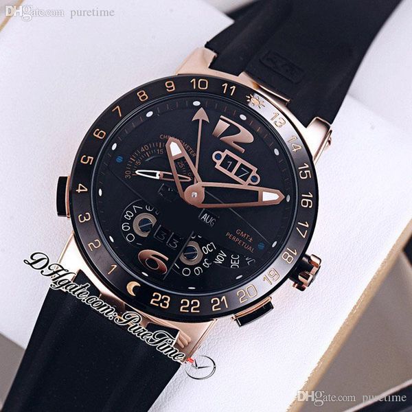 

executive el toro perpetual calendar gmt automatic mens watch 326-00-3/bq rose gold black dial rubber strap limited edition watches puretime, Slivery;brown