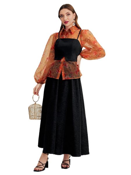 

high waist solid flared skirt o4mm#, Black